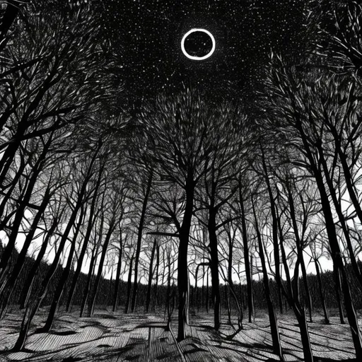 Prompt: a dark figure in  the sky, no people, trees, wooded area, linework , Black and white

