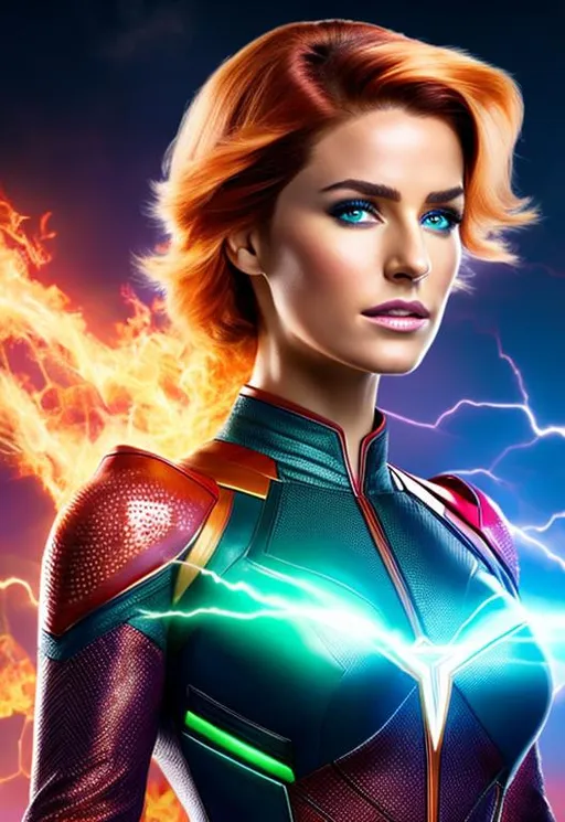Prompt: High-resolution hyperrealistic photo of rachel-summers phoenix merged with valeria-richards brainstorm, strawberry blond hair, red and blue and green costume, marvel comics, photorealistic, highly detailed, uhd, hdr, 64k