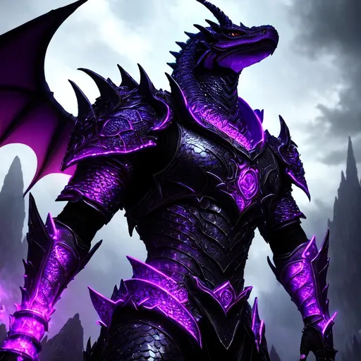 Prompt: Fantasy style, a hyper realistic detailed image of black dragonborn, purple scales,  lizardman, covered in moonlight glow, body facing camera, camera top third of image, perfect composition, super detailed, sharp focus HDR, UDR, 120k,  glowing red armor, black shoulder plates, long horns, lavender eyes, blue moon fantasy background, moonlight greatsword