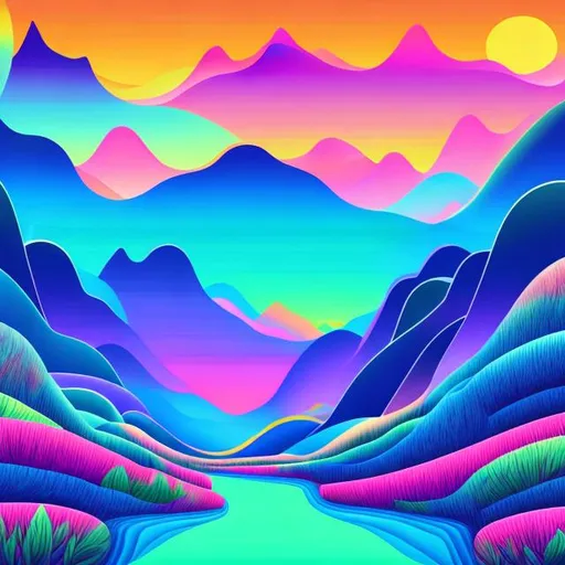 Prompt: trippy psychedelic landscape with mountains and a river with trees where things are melting