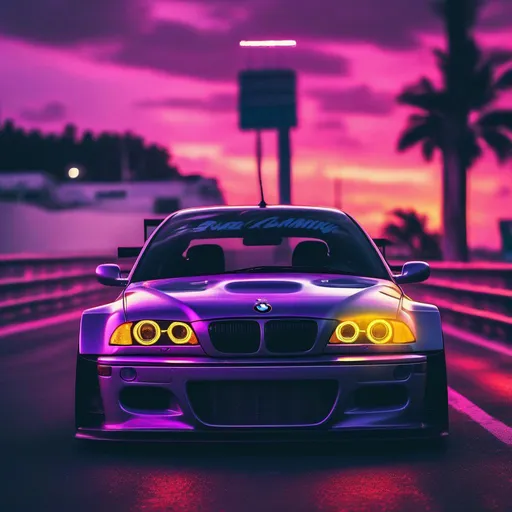 Prompt: 2001 BMW M3 E46 GTR, synthwave, aesthetic cyberpunk, miami, highway, dusk, neon lights, coastal highway, dusk, neon lights, coastal highway, sunset, drift, nurburgring