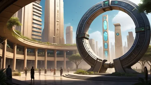 Prompt: magical portal between cities realms worlds kingdoms, circular portal, ring standing on edge, upright ring, freestanding ring, hieroglyphs on ring, complete ring, ancient egyptian architecture, gardens, hotels, office buildings, shopping malls, large wide-open city plaza, turned sideways view, futuristic cyberpunk tech-noir setting