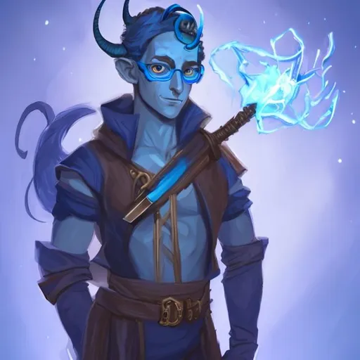 Prompt: A young blue tiefling man, who is creating a rifle with magical energy thriving off of it. 