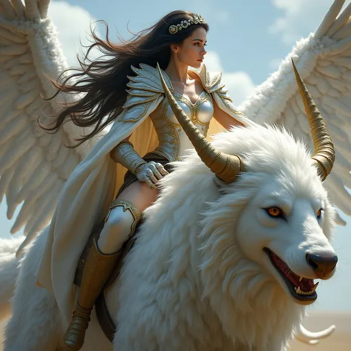 Prompt: (epic fantasy character art), a woman with (long flowing dark hair), wearing (white metallic armor) and a (white and gold furry cape), riding on a majestic mythical creature, capturing the grandeur of a fantasy realm, intricate detail, full of dynamic movement, rich textures, enchanted atmosphere, dramatic lighting, vivid contrast, inspiration from Aleksi Briclot's furry art, ultra-detailed, high quality.