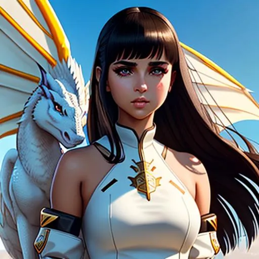 Prompt: Panoramic view, Illustration by Ilya Kuvshinov, dragon city, Naomi Scott holding white dragon, parted bangs, long dark brown hair, brown eyes, ethereal, jewelry set balayage, in intricate white mech battledress, atmospheric, hyper realistic, 8k, epic composition, cinematic, octane render, 16K resolution, rendered in Enscape, Miyazaki, Nausicaa Ghibli, Breath of The Wild, 4k detailed post processing, artstation, focus, no blur