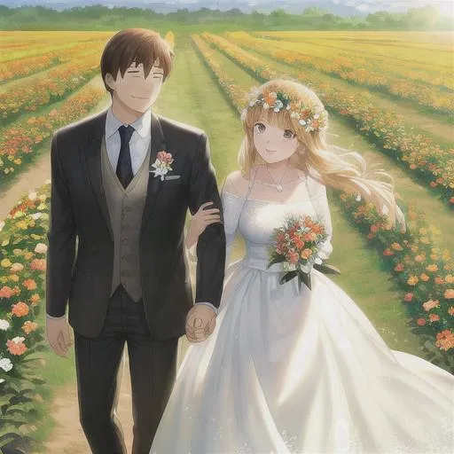 Prompt: A friend, holding my hands, in a flower field, the sun is bright and bring a smile on my face. Woman and man. 