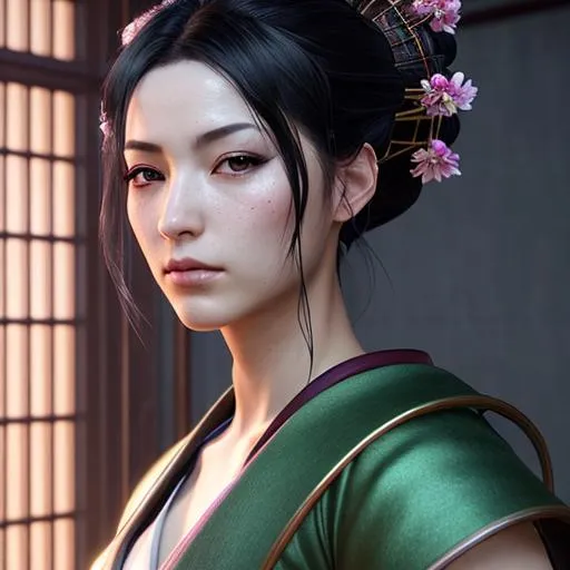 Woman, fantasy, black hair, green eyes, ronin, sakur... | OpenArt