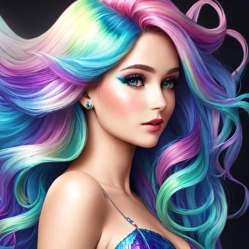 Prompt:  Beautiful mermaid, photorealistic face, curl long multicolored hair