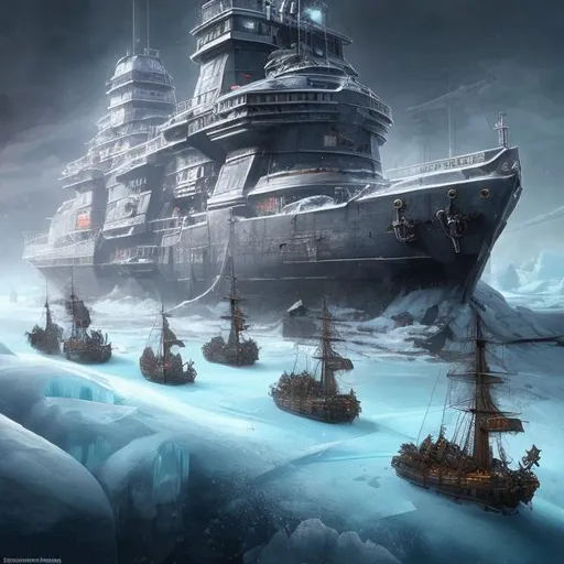 Prompt: Art Station, high detail, epic, miniatures, Huge ships Trapped in ice