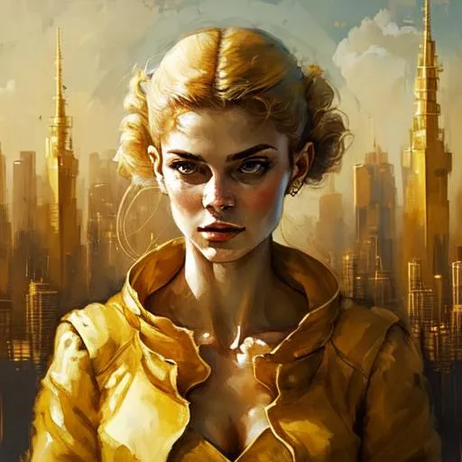 Prompt: A mesmerizing angel woman wearing golden linen and high tech standing heroically in front of a tartarian city she just saved