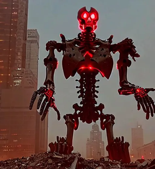 Prompt: a giant skeleton mech with glowing red eyes standing in front of a destroyed city in a wasteland. hyper-realistic, sharp, dramatic, day time, 