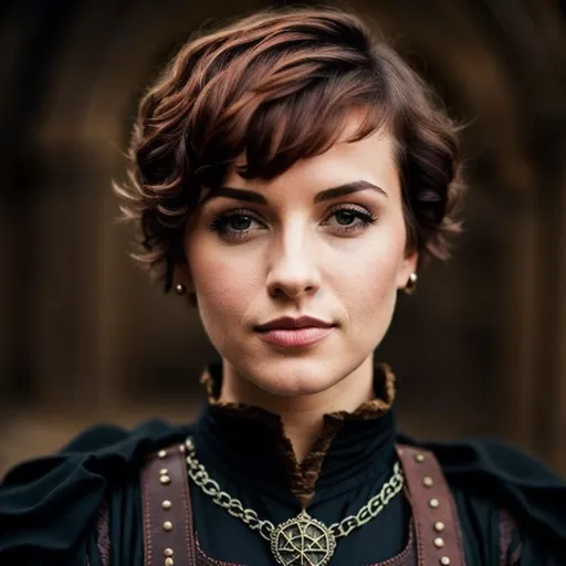 Prompt: A woman, short hair, wearing medieval clothes, beautiful, nerd, serious look, fully clothed, happy, blushing, cosy, moody, cute looking, masterpiece, nature, masterpiece, hd quality,