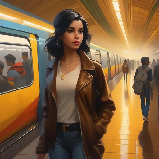Prompt: Third person, gameplay, Brazilian girl, pale skin, black hair, brown eyes, 2020s, smartphone, São Paulo subway station, foggy, golden atmosphere, cartoony style, extremely detailed painting by Greg Rutkowski and by Henry Justice Ford and by Steve Henderson 