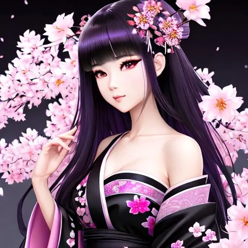 Prompt: splash art, hyper detailed perfect face, realistic, girl in the image, pale pink skin, kimono black kimono sakura girl,

full body, long legs, perfect body, midnight purple hair,black kimono,

high-resolution cute sad hurt face dull face, perfect proportions, intricate hyperdetailed hair, sparkling, smiling, highly detailed, intricate hyperdetailed dull eyes, midnight and white flowy and short dress and dark blue earring buds with crystals dangling from them

Elegant,sad, hurt,

HDR, UHD, high res, 64k, cinematic lighting, special effects, hd octane render, flowers background, professional photograph, studio lighting, trending on artstation
