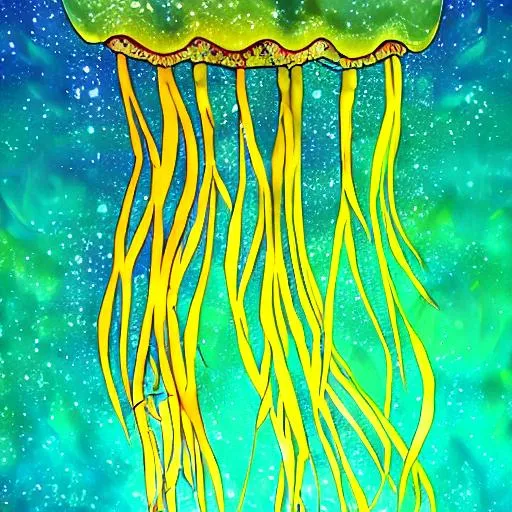 Prompt: CREATE ME ARTWORK USING JELLYFISH, OUTSER SPACE, AND MUSHROOMS. YELLOW AND GREEN SHOULD BE A COLOR THEME