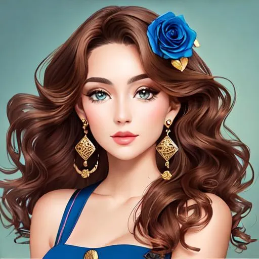 Prompt: girl, wavy brown hair, blue, gold earrings, asymetricalWith red roses