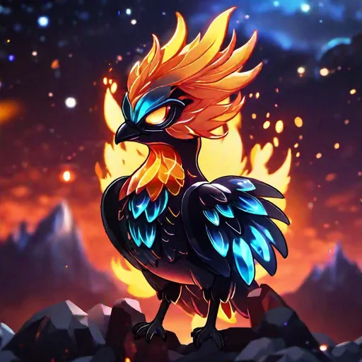 Prompt: Headshot of A crystal-clear glass 
black bioluminescent flaming phoenix that is glowing, cute chibi kawaii, nebula fireballs and lava, beneath the stars, sunset, highres, best quality, concept art, 8k