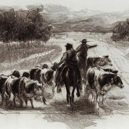 Prompt: people herding cattle on horse  with dog sketch

