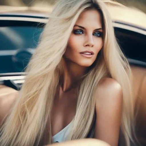 Prompt: blond hair, very long hair, pretty woman, thick hair, open top car goes backwards
