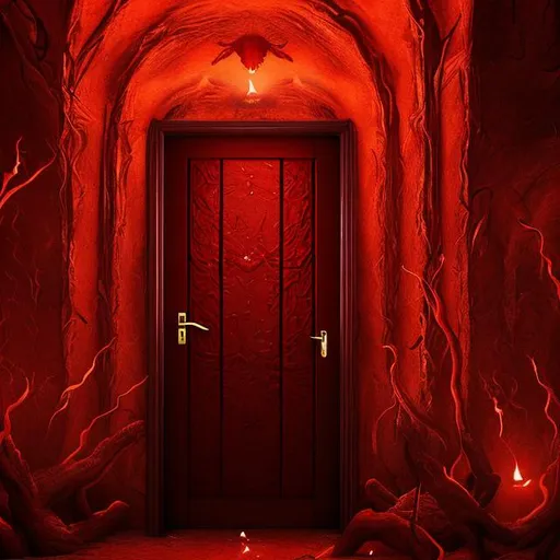 Prompt: red sticky hell door opening on hell with demons a side realistic