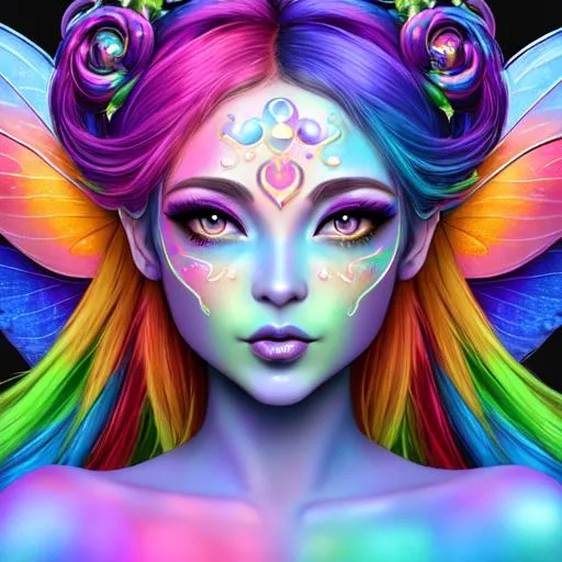 Prompt: fairy goddess of color, facial closeup, rainbow
