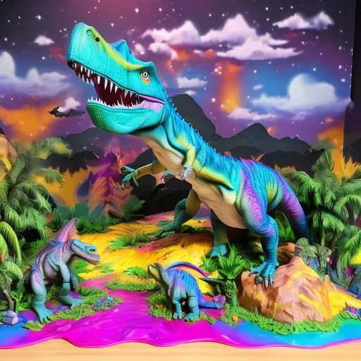 Prompt: Dinosaur diorama inspired by Lisa frank 