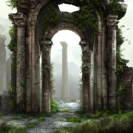 Prompt: concept art of ancient fantasy ruins with an ancient archway in it's walls, trending on artstation, gloomy, foggy