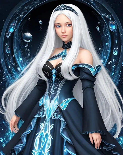 Prompt: A beautiful young 15 year old ((British)) Water elemental with light skin and a beautiful face. She has long white hair and white eyebrows. She wears a beautiful dark blue dress. She has brightly glowing dark blue eyes and water droplets shaped pupils. She wears a blue tiara. She has a blue aura around her. Beautiful self portrait art. Full body art. {{{{high quality art}}}} ((goddess)). Illustration. Concept art. Symmetrical face. Digital. Perfectly drawn. A cool background. Front view