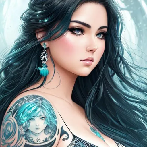 Prompt: a painting of a heavyweight woman with aqua long wavy hair,  round face, chubby face, by Luis Royo, amy sol in the style of, cool color scheme art rendition, serious expression, tattoos, detailed facial structure, black and white artwork, idealised, pastel drawing, digital art of an elegant, artgram, female water elemental, pinterest anime, charli bowater and artgerm