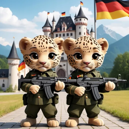 Prompt: two small cute leopards in military uniforms, with Steyr AUG assault rifles in hands, cartoon german castle and german flag as background