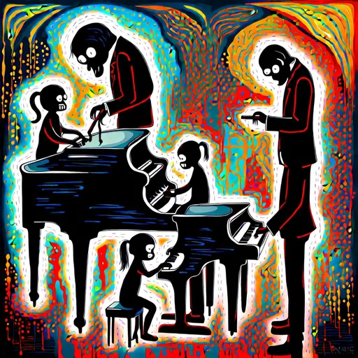 Prompt: Detailed and hidden physiological messages and items hidden in the image like a demonic monkey playing piano with a little girl with no face sitting next to him. Painting abstract textured 