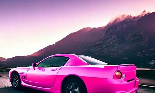 Prompt: pink mazda rx7 fd driving at sunset in amalfi coast aesthetic realistic 4k photo real life