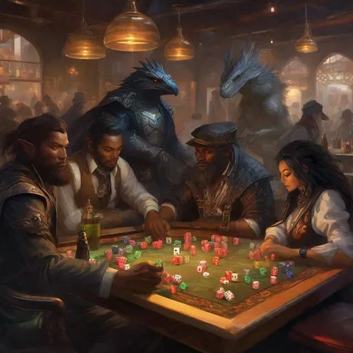 Prompt: spiritual folks of different species are playing dice in a bar. These include lizard-people, dragonborn, crow-people and orcs, smoking hallucinogenics, incense smoke, low-light, mid-throw, steampunk, highly detailed, digital painting, low light, indoors, scrappy, art by Stanley Lau and Artgerm and magali villeneuve and Alphonse Mucha, artstation, octane render, cgsociety
