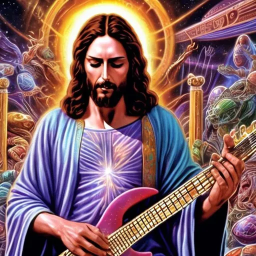 Prompt: Jesus playing double-neck Sitar for spare change in a busy alien mall, widescreen, infinity vanishing point, galaxy background, surprise easter egg