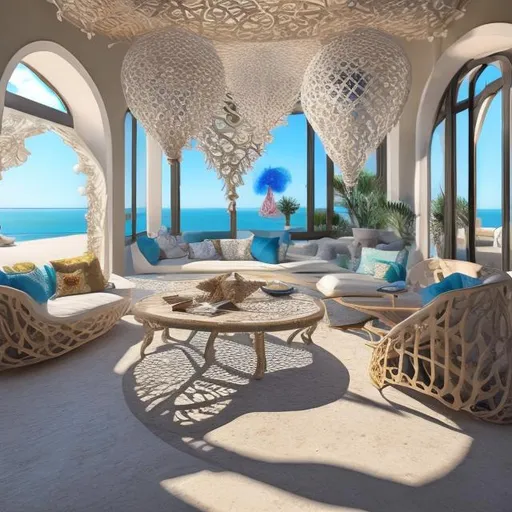 Prompt: Mediterranean style beachside 
living room with parametric chandelier based on fractal geometry

 