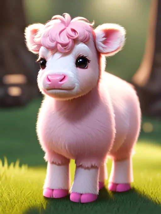 Prompt: Disney Pixar style mini pink highland calf highly detailed, extra fluffy, intricate, big eyes, adorable, beautiful, soft dramatic lighting, light shafts, radiant, ultra high quality octane render,    bokeh, hypermaximalist,