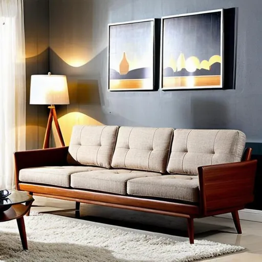 Prompt:  light wood mid-century modern style sofa with inviting cozy comfortable ambient lighting
