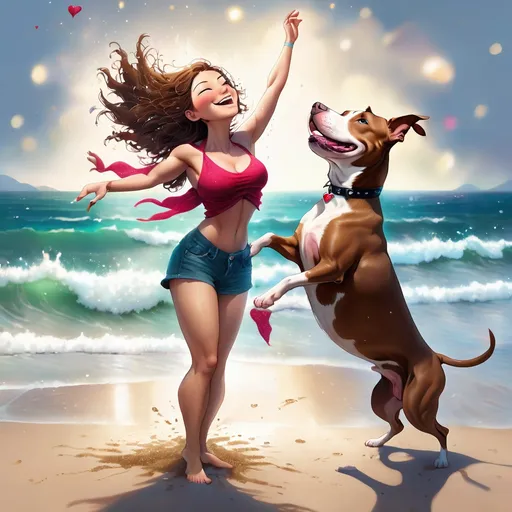 Prompt: a woman and pitbull terrier dog standing on the beach, legs apart, arms outstretched upwards to the sky. head tilted back. Hair flying in the wind. Face is smiling. eyes are closed. Glitter flows out from her heart. up and out and falls like rain. roots grow down from her feet, deep into the earth.