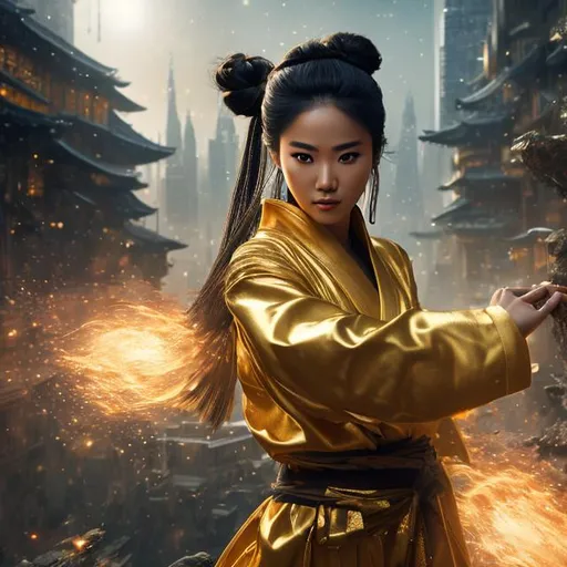 Prompt: create best quality photograph of beautiful female ninja who is wearing all gold ninja style robes in future, detailed future city as background, detailed face, extremely detailed environment, extremely detailed background, extremely detailed skin, extremely detailed clothing, natural colors , professionally color graded, photorealism, 8k, realistic, moody lighting, galactic environment, volumetric lighting