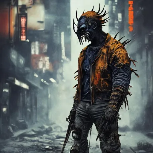 Prompt: Redesigned Gritty Very dark navy blue, gold and dark orange evil phantom-wolverine. Injured. Bloody. Hurt. Damaged mask. Accurate. realistic. evil eyes. Slow exposure. Detailed. Dirty. Dark and gritty. Post-apocalyptic Neo Tokyo. Futuristic. Shadows. Sinister. Armed. Fanatic. Intense. 