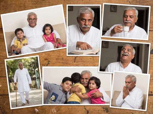 Prompt: Core Look

Indian grandfather, late 60s, wheatish skin, silver hair neatly combed, thick grey mustache, thin frame, glasses low on nose, white kurta-pajama, wise warm face.

Expressions

wise smile

serious teacher

calm and peaceful

amused

proud

emotional

stern but soft

patient

joyful laugh

deep thinking

Poses / Actions

teaching kids on sofa

sitting with folded hands

reading newspaper

holding tea cup

blessing children

storytelling gesture

walking with stick

hugging grandkids

praying quietly

pointing while explaining