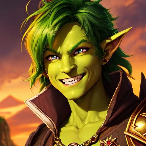 Prompt: oil painting, D&D fantasy, green-skinned-goblin man, green-skinned-male, small, short fiery red hair, wavy hair, smiling, pointed ears, fangs, looking at the viewer, cleric wearing intricate adventurer outfit, #3238, UHD, hd , 8k eyes, detailed face, big anime dreamy eyes, 8k eyes, intricate details, insanely detailed, masterpiece, cinematic lighting, 8k, complementary colors, golden ratio, octane render, volumetric lighting, unreal 5, artwork, concept art, cover, top model, light on hair colorful glamourous hyperdetailed medieval city background, intricate hyperdetailed breathtaking colorful glamorous scenic view landscape, ultra-fine details, hyper-focused, deep colors, dramatic lighting, ambient lighting god rays, flowers, garden | by sakimi chan, artgerm, wlop, pixiv, tumblr, instagram, deviantart