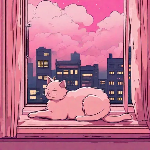 Prompt: a cat laying down asleep on a window sill while watching the Steam City on the pink clouds come to life