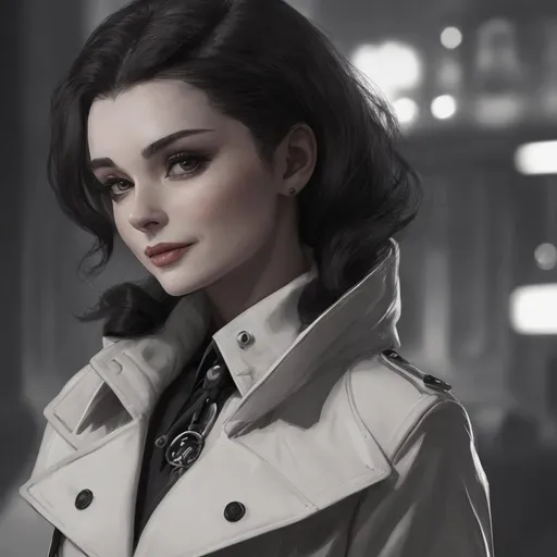 Prompt: Audrey Hepburn as a vampire, vampire the masquerade, detailed symmetrical face, she is wearing a white trench coat and a black button down shirt, attractive face, full body picture, bloodthirsty grin, cyberpunk night time style background, well lit by street lights,  she is looking down at the viewer, real skin textures, detailed,