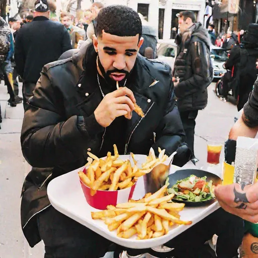 Prompt: Drake eats schnitzel, salad, and french fries