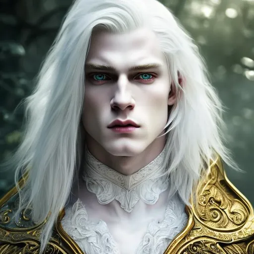 Prompt:  8K, HD, 3D, portrait of beautiful albino male, photorealistic, noble handsome male, dynamic pose,pale beautiful face, grey stunning eyes, delicate face, extra long white straight hair, elegant green wizard clothes, intricate, detailed, charming male, light contrast, noble, perfect anatomy, gothic dark room ambient, perfect male beauty, golden ratio
