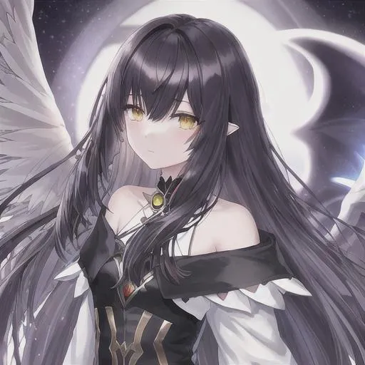 Prompt: girl, mystic messenger, portrait, dark hair, long hair, straight hair, heterochromia eyes, magical, big wings ,cinematic light