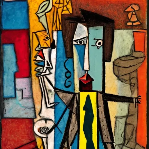Prompt: Informalism style stick man with Picasso style head and Rothko cube in background 