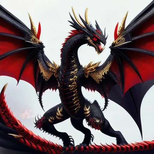 Prompt: black dragon, red eyes, particles floating, gold scales detail, big wings, focus on head, head detailed, full body, clear, side profile
