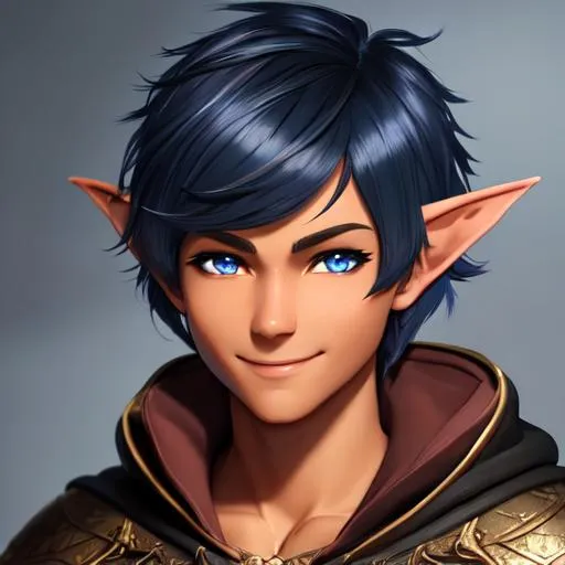 Prompt: oil painting, D&D fantasy, tanned-skinned-gnome man, tanned-skinned-male, short, short bright black and blue hair, bangs hair, smiling, pointed ears, looking at the viewer, Wizard wearing intricate wizard outfit, #3238, UHD, hd , 8k eyes, detailed face, big anime dreamy eyes, 8k eyes, intricate details, insanely detailed, masterpiece, cinematic lighting, 8k, complementary colors, golden ratio, octane render, volumetric lighting, unreal 5, artwork, concept art, cover, top model, light on hair colorful glamourous hyperdetailed medieval city background, intricate hyperdetailed breathtaking colorful glamorous scenic view landscape, ultra-fine details, hyper-focused, deep colors, dramatic lighting, ambient lighting god rays, flowers, garden | by sakimi chan, artgerm, wlop, pixiv, tumblr, instagram, deviantart